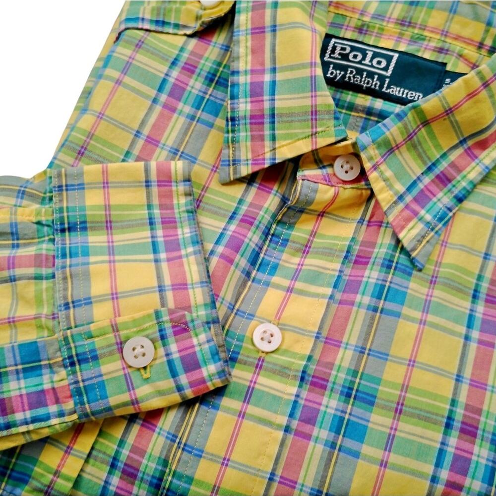 Polo Ralph Lauren SMALL Military Trim Yellow Plaid Long Sleeve Button Down Shirt